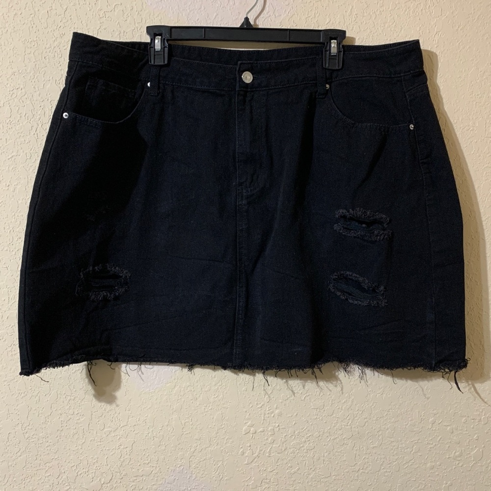 Black Denim Distressed Raw Edge Skirt Plus Size 3X